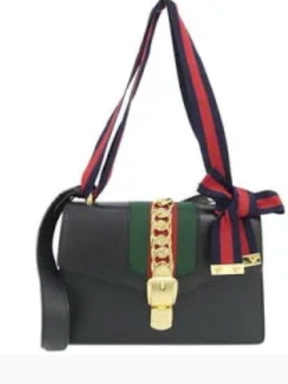 Gucci Black Leather Shoulder Bag with Green and Red Stripe & Gold Chain